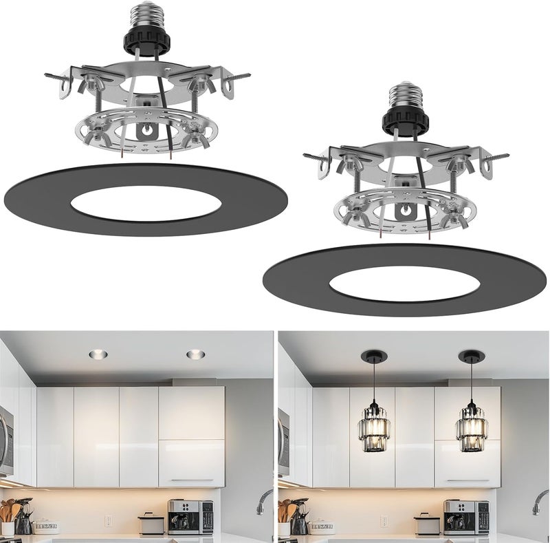 tebio Recessed Can Light Conversion Kit for 5" and 6" Ceiling Fixtures - Pendant/Hanging Light Upgrade, Compatible with Ceiling Fans, Includes 7¾" Flat Steel Medallion,Black Finish,2 Pack - Image 1